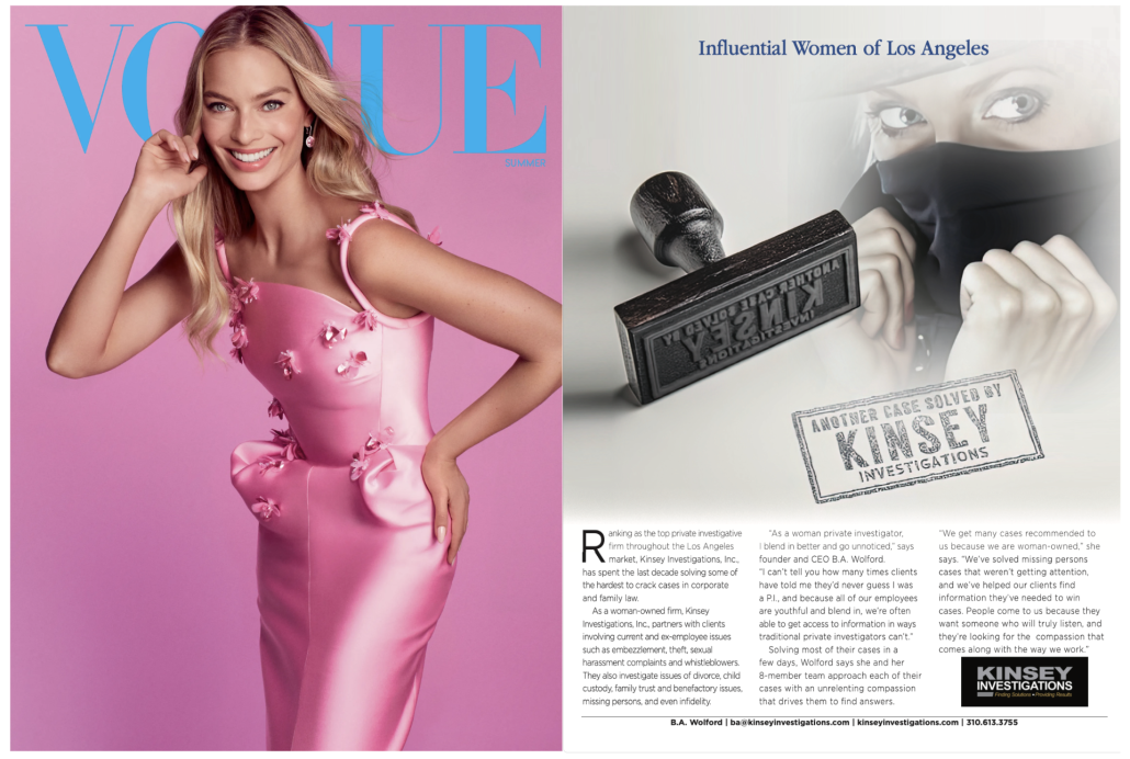 Image of Vogue Magazine where Kinsey Investigations Private Investigator in Los Angeles is Featured